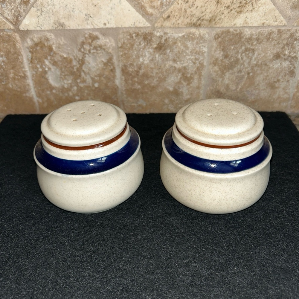 Vintage Chateu Stoneware Salt & Pepper Shaker Set Blue & Brown Striped
